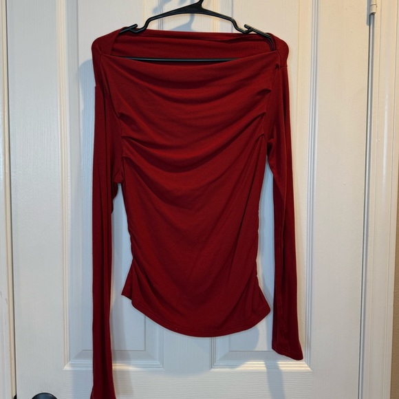Cider Sweaters - Cider Red Cowl Neck Off Shoulder Ribbed Top Size M